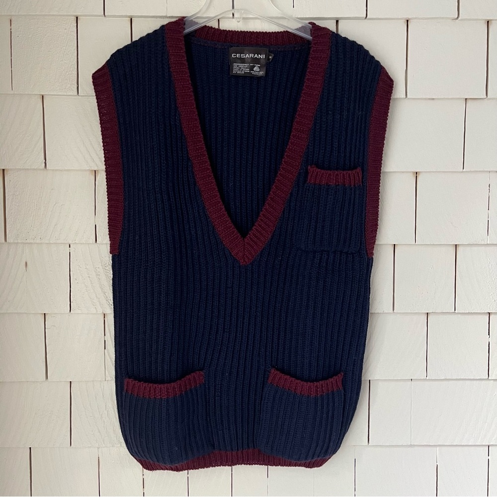 Vintage Cesarani Wool Navy Blue Thick Sweater Vest with Plum Trim